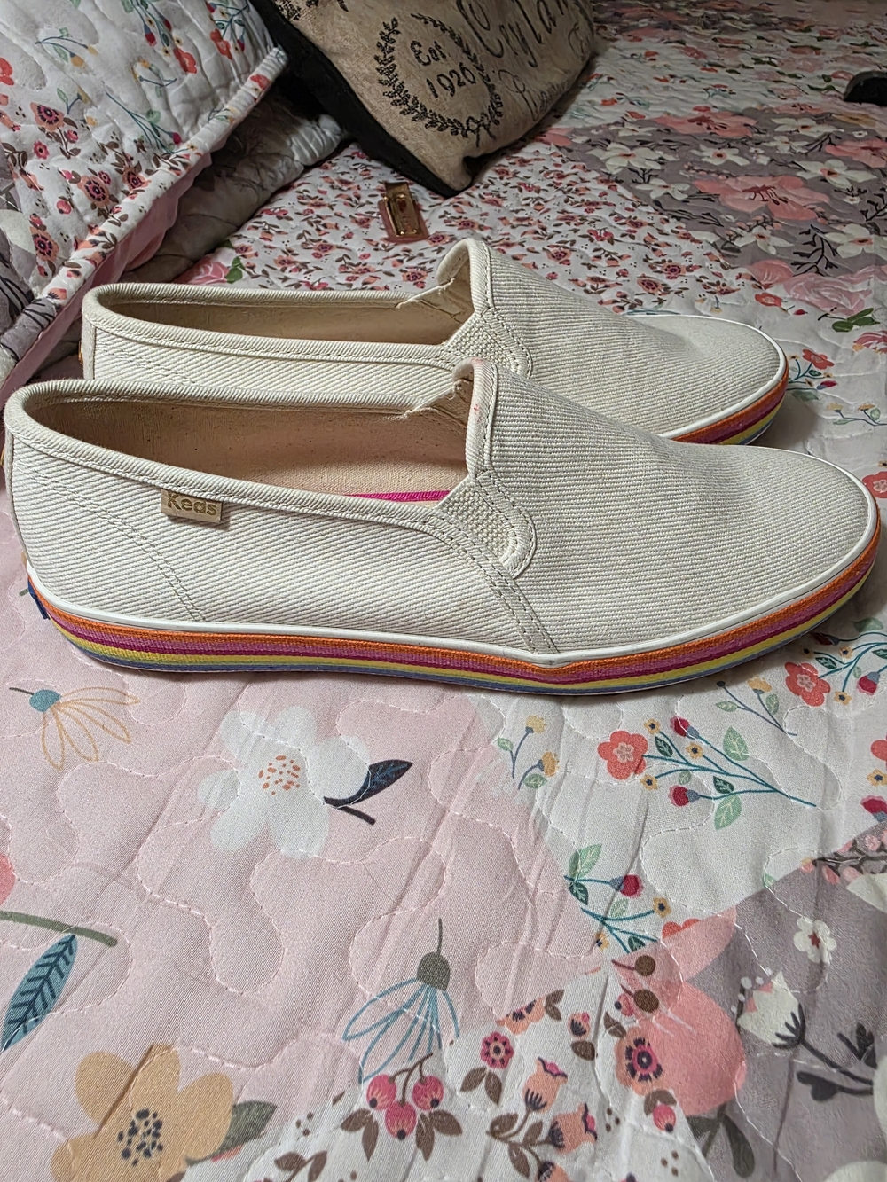 Keds Women's Ivory Slip-On Sneakers with Rainbow Stripe Sole